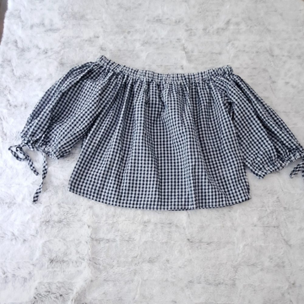 Elodie blue white checked off the shoulder crop top. Size M.